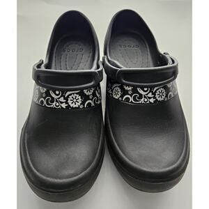 Crocs Women Size 7 Solid Black with White Flower Trim Slingback Mule Beach Shoe